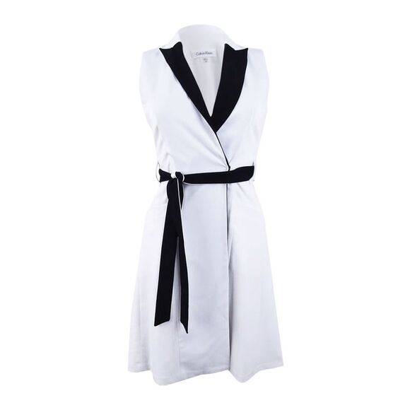 Calvin Klein Women's Belted Wrap Colorblocked Dress - White/Black - Picture 1 of 2